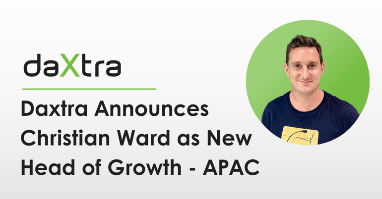 Black text against a light gray gradient background reads "Daxtra Announces Christian Ward as New Head of Growth - APAC". Above this text, the daxtra logo appears over a light green line. To the right is a photograph of Christian Ward, smiling, with a light green background, cropped to a circle. 