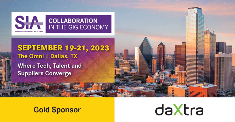 a gradient purple and yellow text box lists the dates, location and tagline of the conference (September 19-21, 2023; The Omni, Dallas TX, where tech, talent, and suppliers converge). Beneath that is a yellow and gold bar which lists "Gold Sponsor" and the daxtra logo. Above the text box is a purple and white box that reads "SIA: Collaboration in the Gig Economy."  