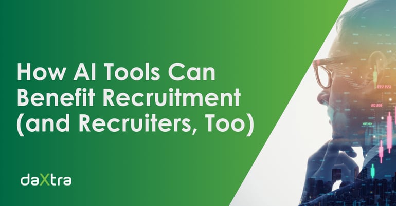 White text on a dark green gradient background reads "How AI Tools Can Benefit Recruitment (and Recruiters, Too). A white rhombus to the right of the writing displays a double exposure image of a man's side profile, imposed with 3d graphics of data and technology.