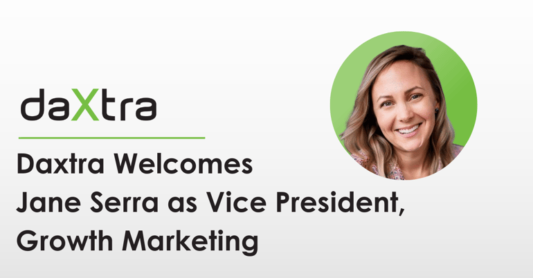 "Daxtra Welcomes Jane Serra as Vice President, Growth Marketing" on a grey background, with a round headshot of Jane to the right of the text.