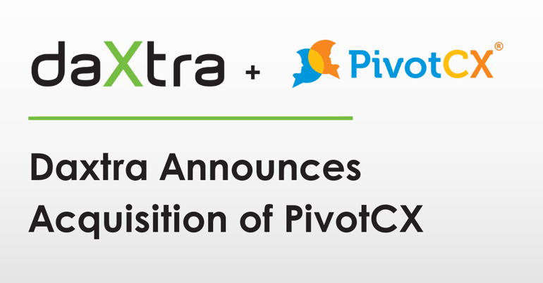 The Daxtra and PivotCX logos appear above a green line and black text that reads "Daxtra Announces Acquisition of PivotCX". The background of the image is a dark to light grey gradient. 