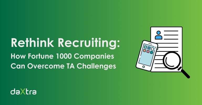 Title: Rethink Recruiting: How Fortune 1000 Companies Can Overcome TA Challenges, with an illustration of a cell phone and magnifying glass laying on top of a resume.