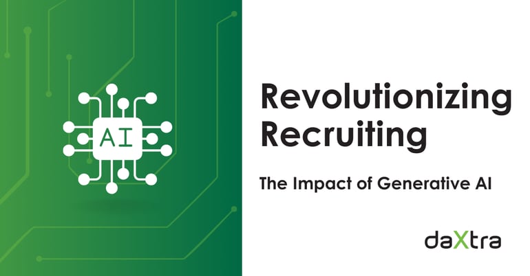 Black text on a white background reads "Revolutionizing Recruiting: The Impact of GenAI". Next to it, on the left, is a green background with circuitry and the letters "AI" in the middle. 