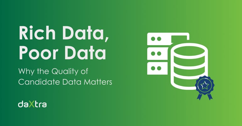 White text on a dark to light green gradient background reads: "Rich Data Poor Data: Why the Quality of Candidate Data Matters." To the right of the text is a line art illustration of a database server with a blue ribbon.