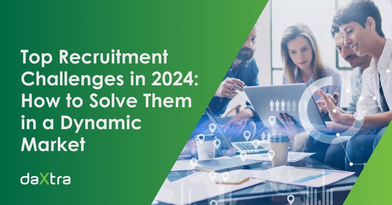 White text on a green background reads "Top Recruitment Challenges in 2024: How to Solve them in a Dynamic Market." To the right there is a rhombus-shaped image of three office workers looking at a computer, with statistical graphics transparently overlaid over the image. 