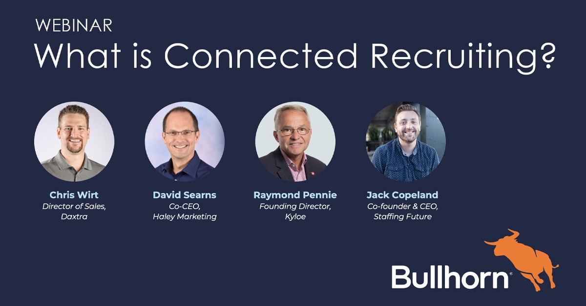 Dark blue background with white text reading: Webinar What is Connected Recruiting? With four portraits of people