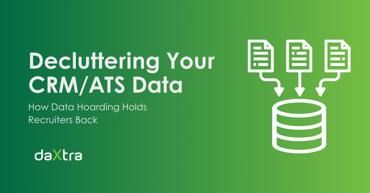 White text on a gradient green background reads: Decluttering Your CRM/ATS Data: How Data Hoarding Holds Recruiters Back. To the right of the text there is a line art illustration of resumes going into a database.