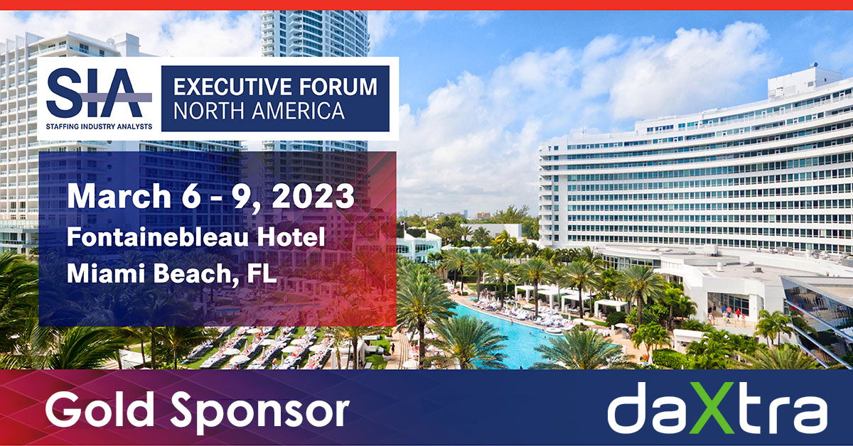 Daxtra is a Gold Sponsor of Executive Forum in Miami Beach, March 6-9, 2023 text on color photo of the Fontainebeau Hotel