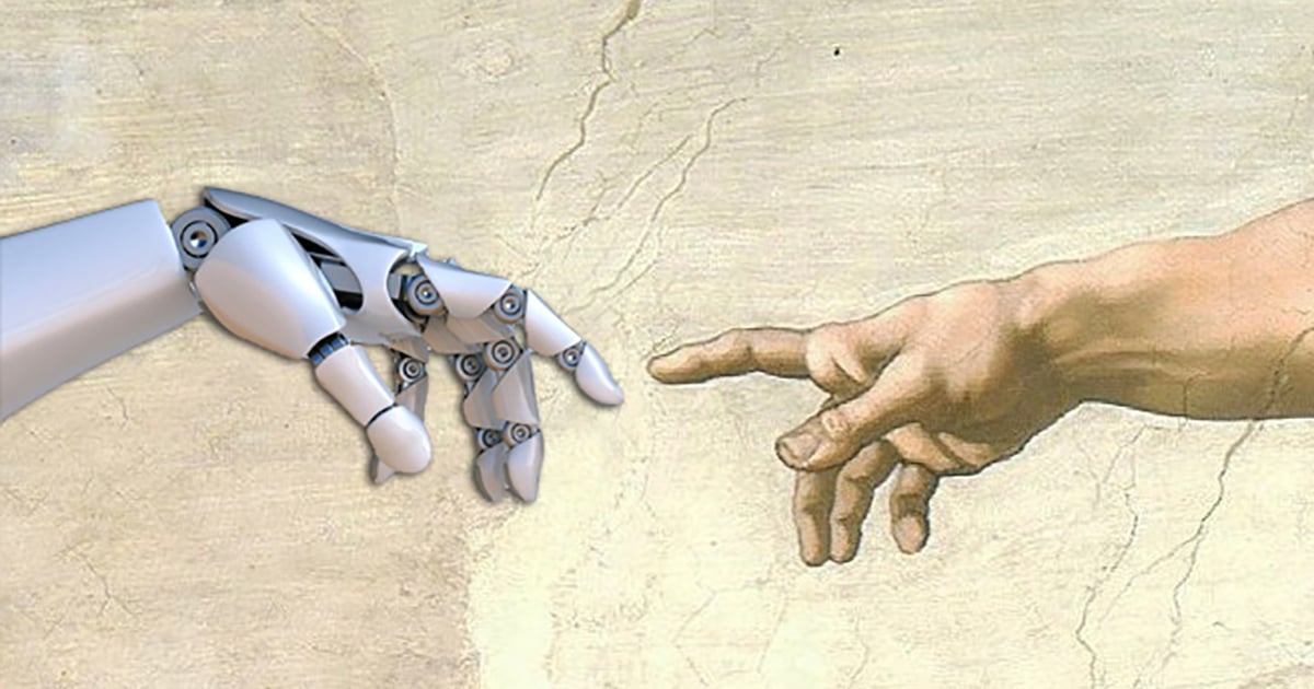 Creation image where human hand gives life to robot hand in human in control automation 