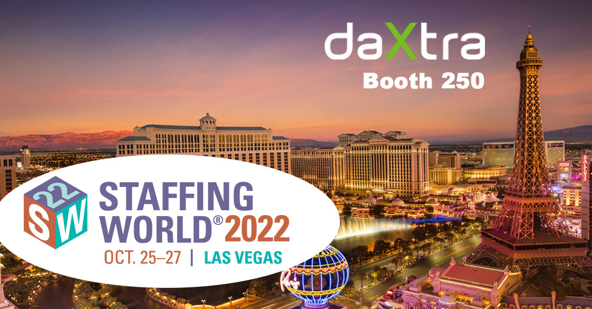 Staffing World in Las Vegas takes place Oct 25-27. Daxtra will be there at booth 250. Backdrop of the Las Vegas skyline at dusk with pink and blue sky.